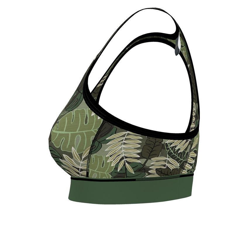 Camo Leaves Women's Low Impact Sports Bra (Black Rim Trim)