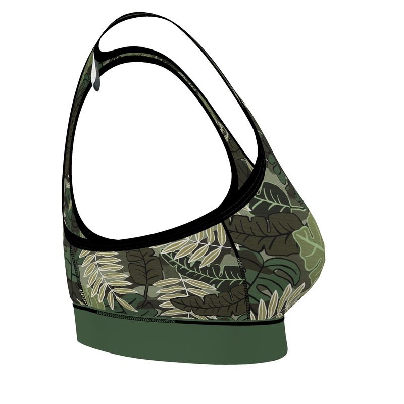Camo Leaves Women's Low Impact Sports Bra (Black Rim Trim)