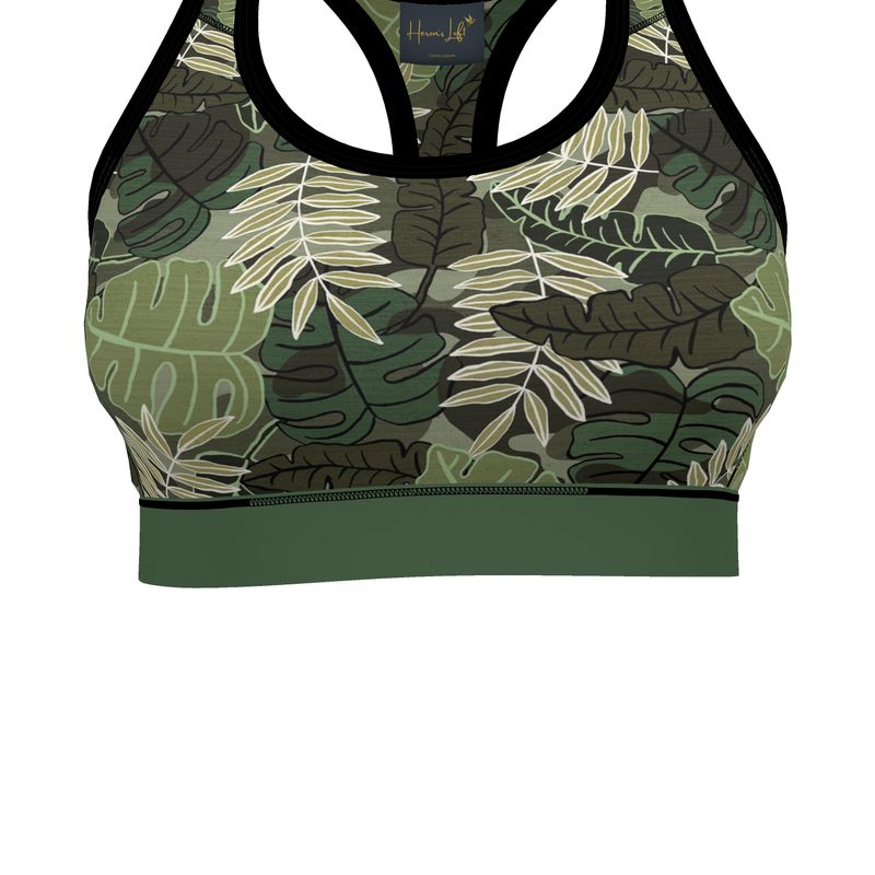 Camo Leaves Women's Low Impact Sports Bra (Black Rim Trim)