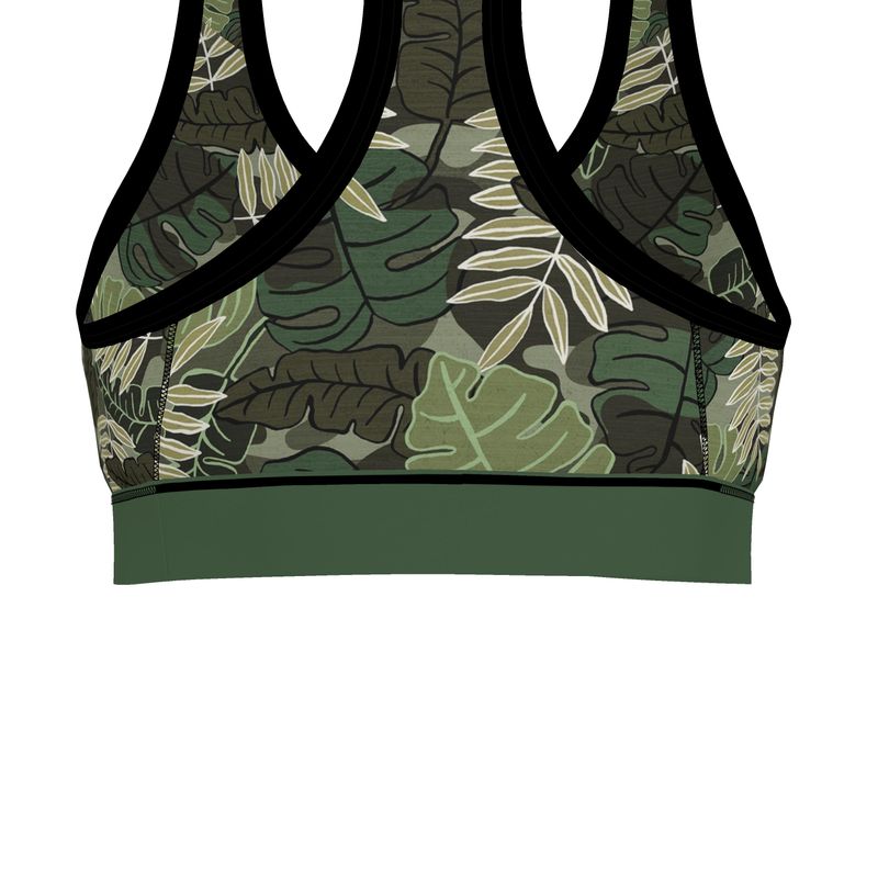 Camo Leaves Women's Low Impact Sports Bra (Black Rim Trim)