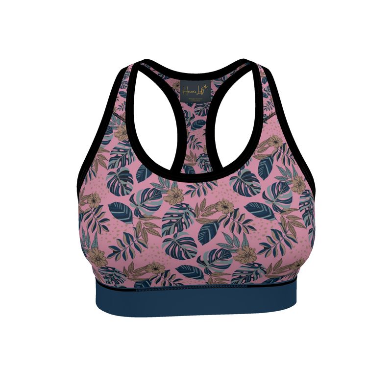 Midnight Monstera Women's Low Impact Sports Bra (Black Rim Trim)