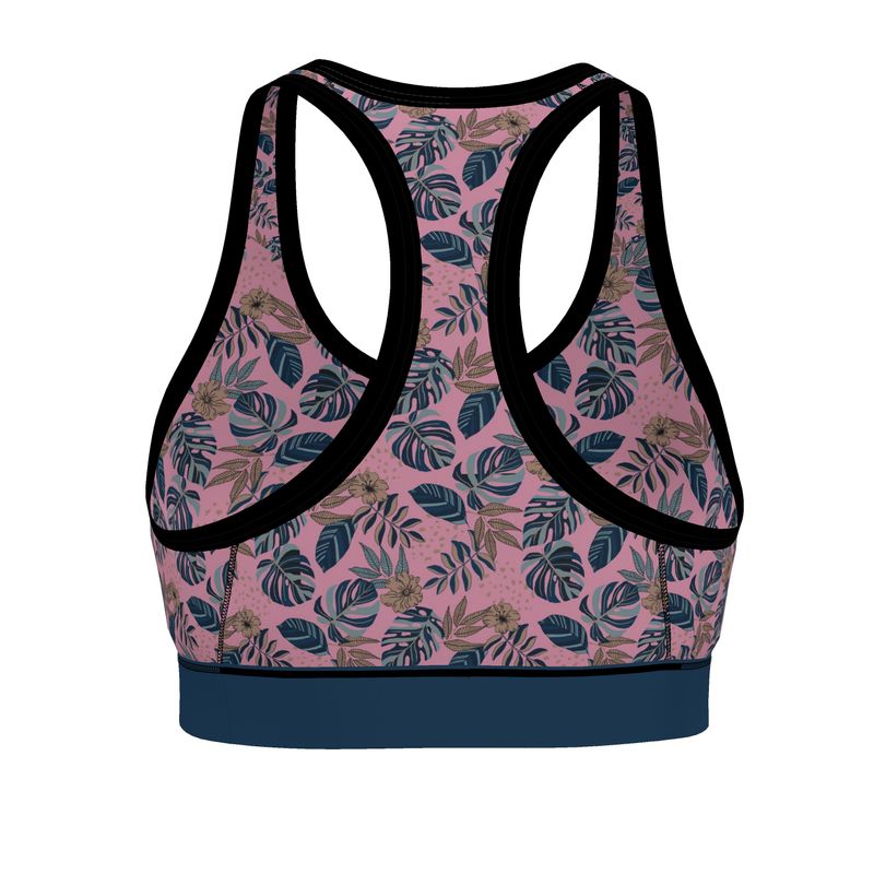 Midnight Monstera Women's Low Impact Sports Bra (Black Rim Trim)
