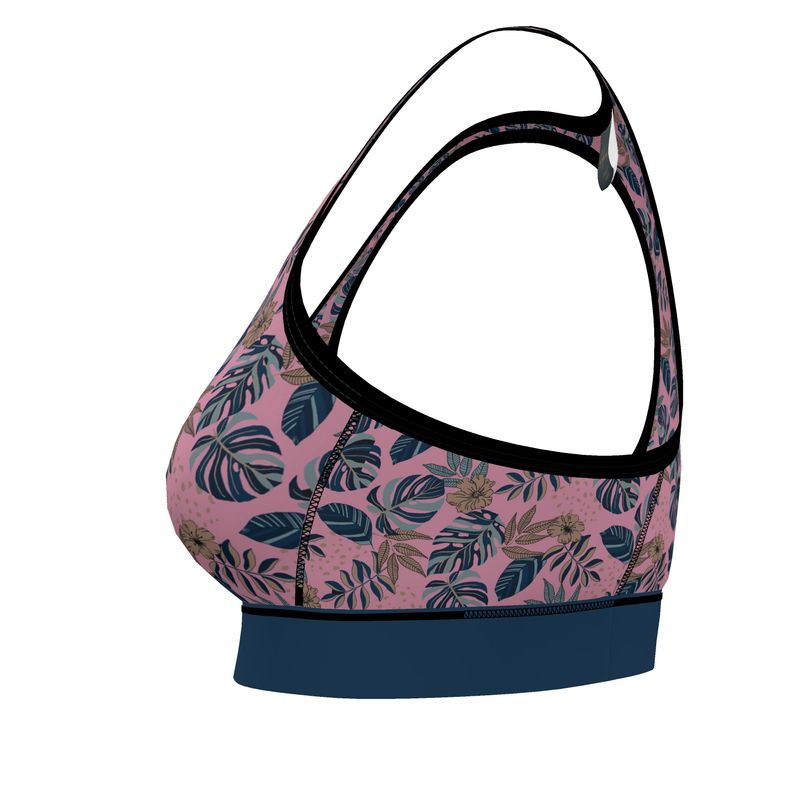 Midnight Monstera Women's Low Impact Sports Bra (Black Rim Trim)