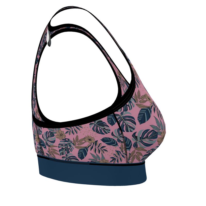 Midnight Monstera Women's Low Impact Sports Bra (Black Rim Trim)