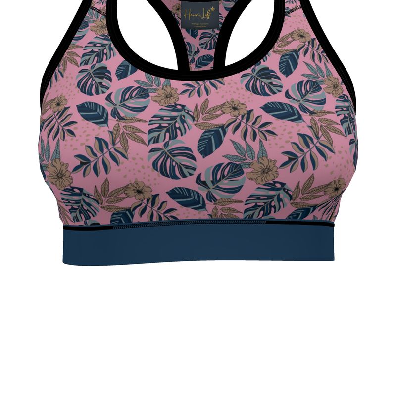 Midnight Monstera Women's Low Impact Sports Bra (Black Rim Trim)