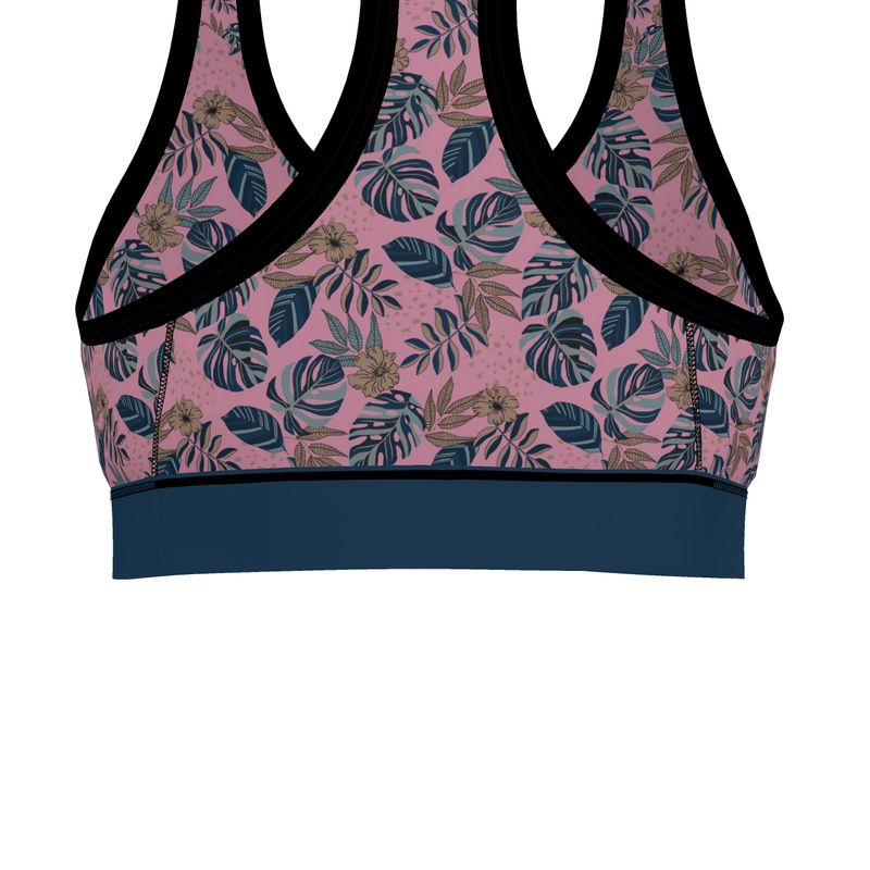 Midnight Monstera Women's Low Impact Sports Bra (Black Rim Trim)