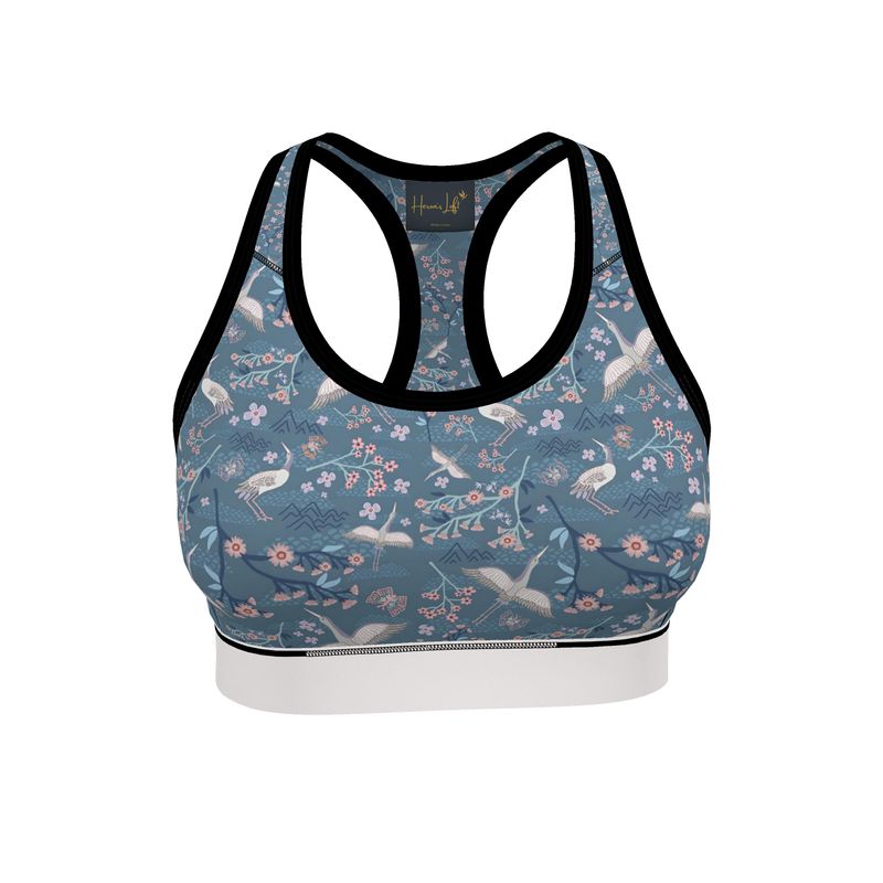White Crane Women's Low Impact Sports Bra (Black Rim Trim)
