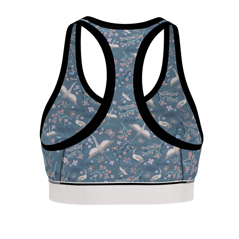 White Crane Women's Low Impact Sports Bra (Black Rim Trim)