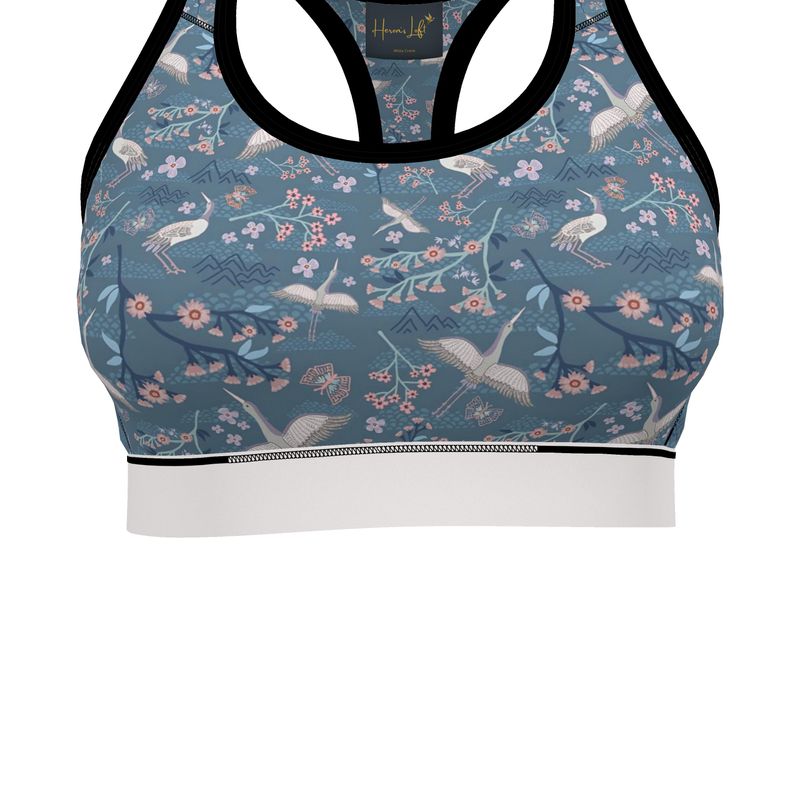 White Crane Women's Low Impact Sports Bra (Black Rim Trim)
