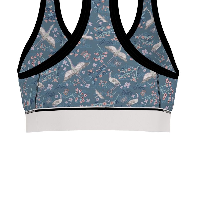 White Crane Women's Low Impact Sports Bra (Black Rim Trim)