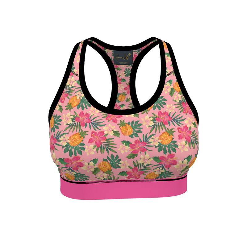 Pineapple Paradise Hibiscus Blush Women's Low Impact Sports Bra (Black