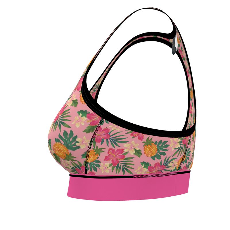Pineapple Paradise Hibiscus Blush Women's Low Impact Sports Bra (Black