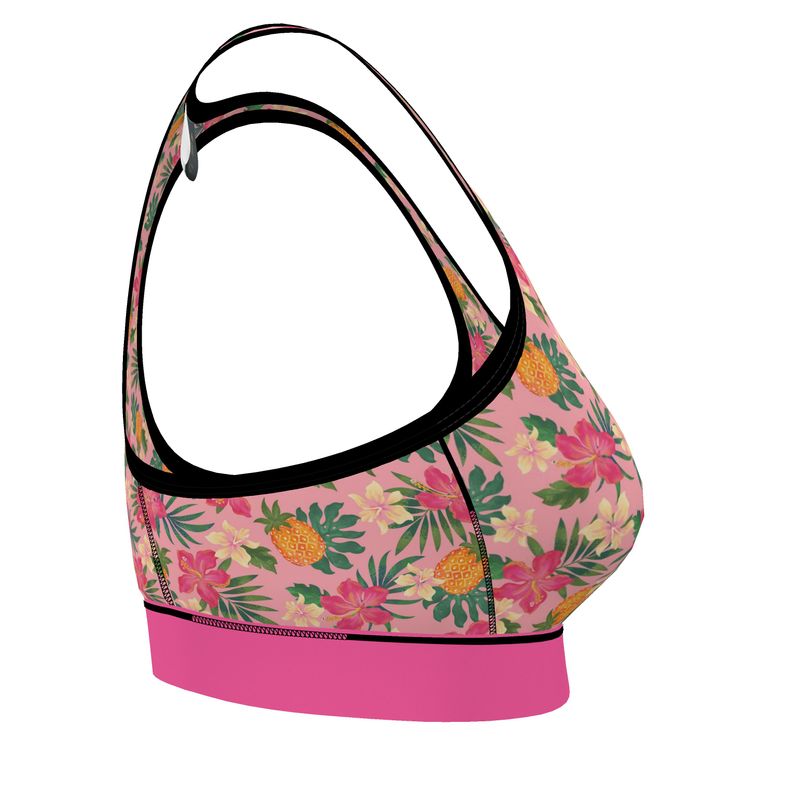 Pineapple Paradise Hibiscus Blush Women's Low Impact Sports Bra (Black