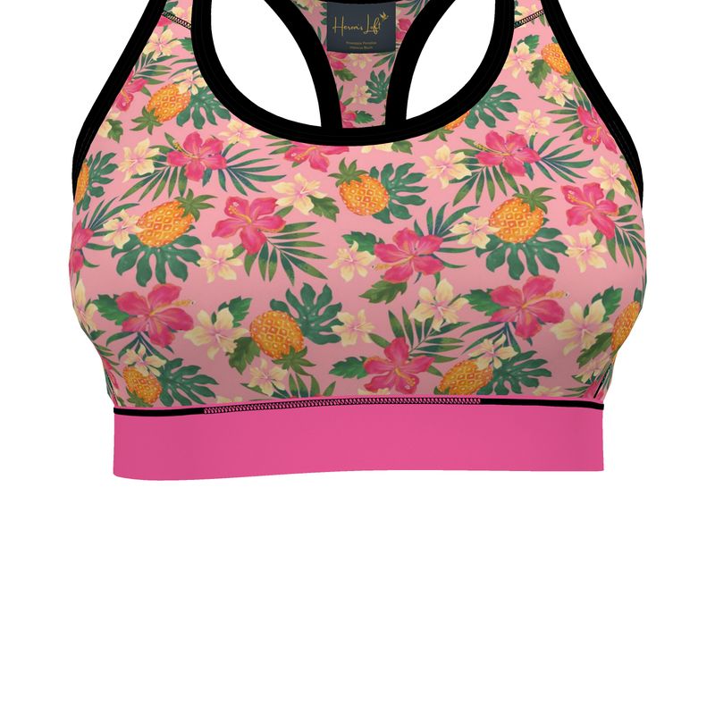 Pineapple Paradise Hibiscus Blush Women's Low Impact Sports Bra (Black