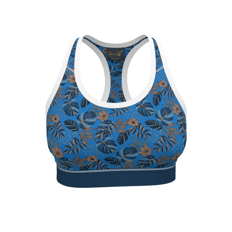 Midnight Monstera Azure Blue Women's Low Impact Sports Bra (White)