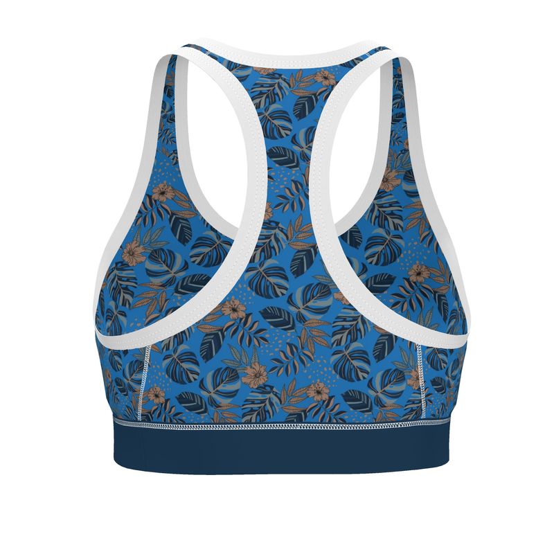 Midnight Monstera Azure Blue Women's Low Impact Sports Bra (White)