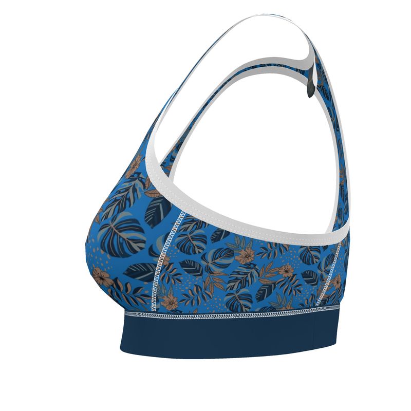 Midnight Monstera Azure Blue Women's Low Impact Sports Bra (White)
