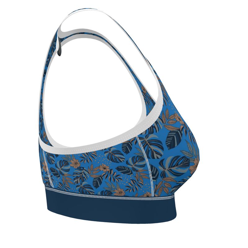 Midnight Monstera Azure Blue Women's Low Impact Sports Bra (White)