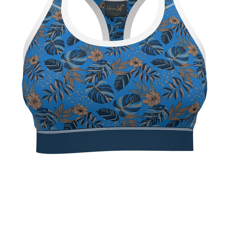 Midnight Monstera Azure Blue Women's Low Impact Sports Bra (White)