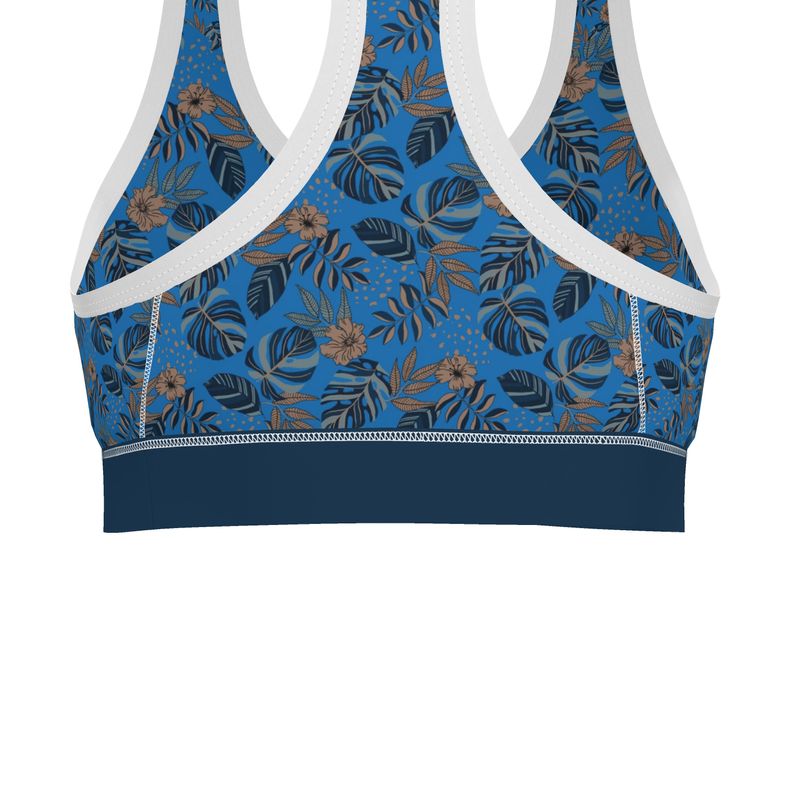Midnight Monstera Azure Blue Women's Low Impact Sports Bra (White)