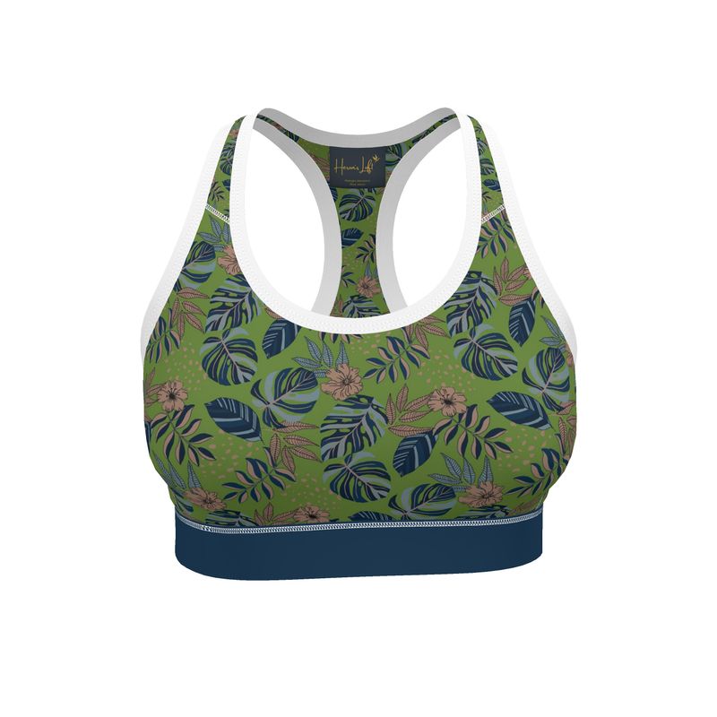 Midnight Monstera Olive Velour Women's Low Impact Sports Bra (White)