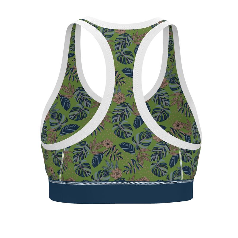 Midnight Monstera Olive Velour Women's Low Impact Sports Bra (White)
