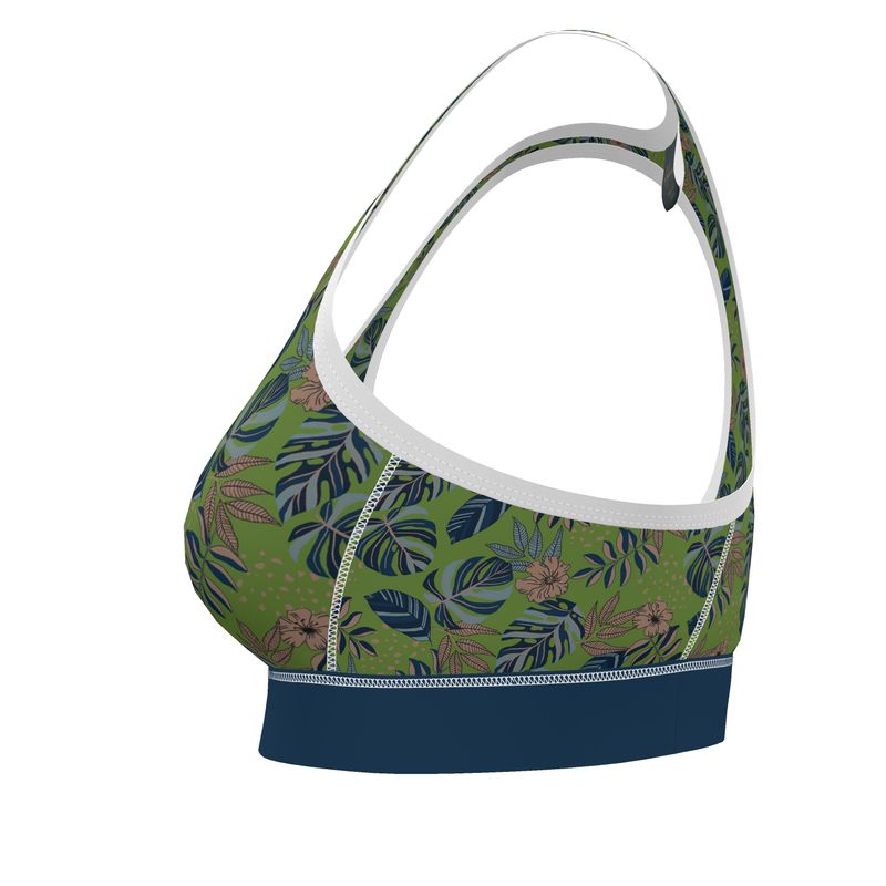 Midnight Monstera Olive Velour Women's Low Impact Sports Bra (White)