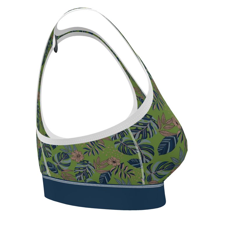 Midnight Monstera Olive Velour Women's Low Impact Sports Bra (White)