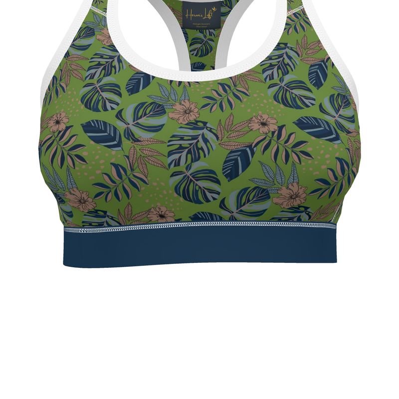 Midnight Monstera Olive Velour Women's Low Impact Sports Bra (White)