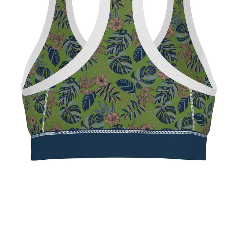 Midnight Monstera Olive Velour Women's Low Impact Sports Bra (White)