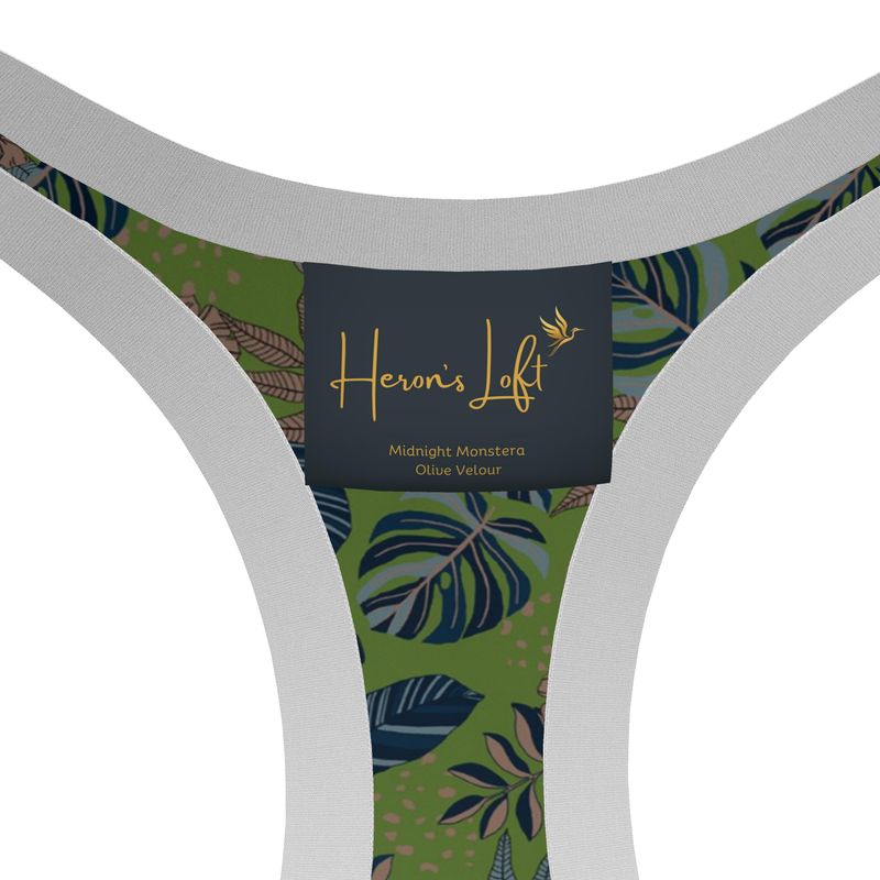 Midnight Monstera Olive Velour Women's Low Impact Sports Bra (White)