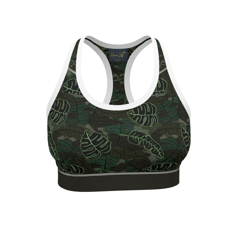 Camo Leaves Sage Noir Women's Low Impact Sports Bra (White)