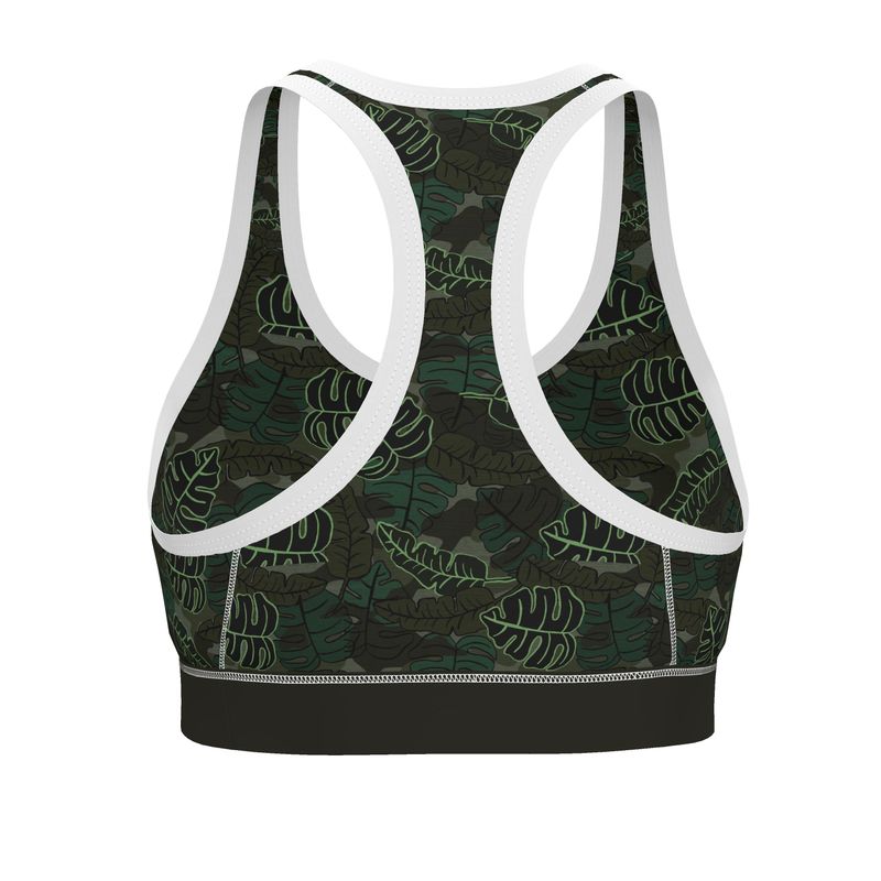 Camo Leaves Sage Noir Women's Low Impact Sports Bra (White)