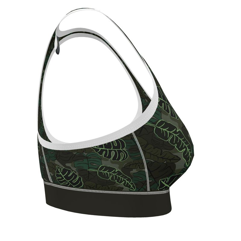 Camo Leaves Sage Noir Women's Low Impact Sports Bra (White)