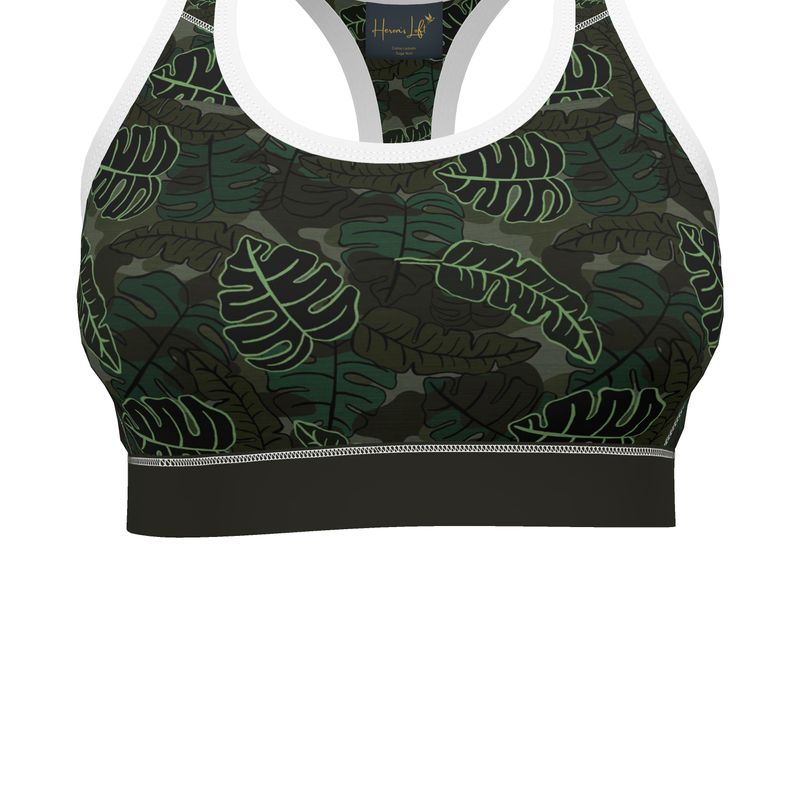 Camo Leaves Sage Noir Women's Low Impact Sports Bra (White)