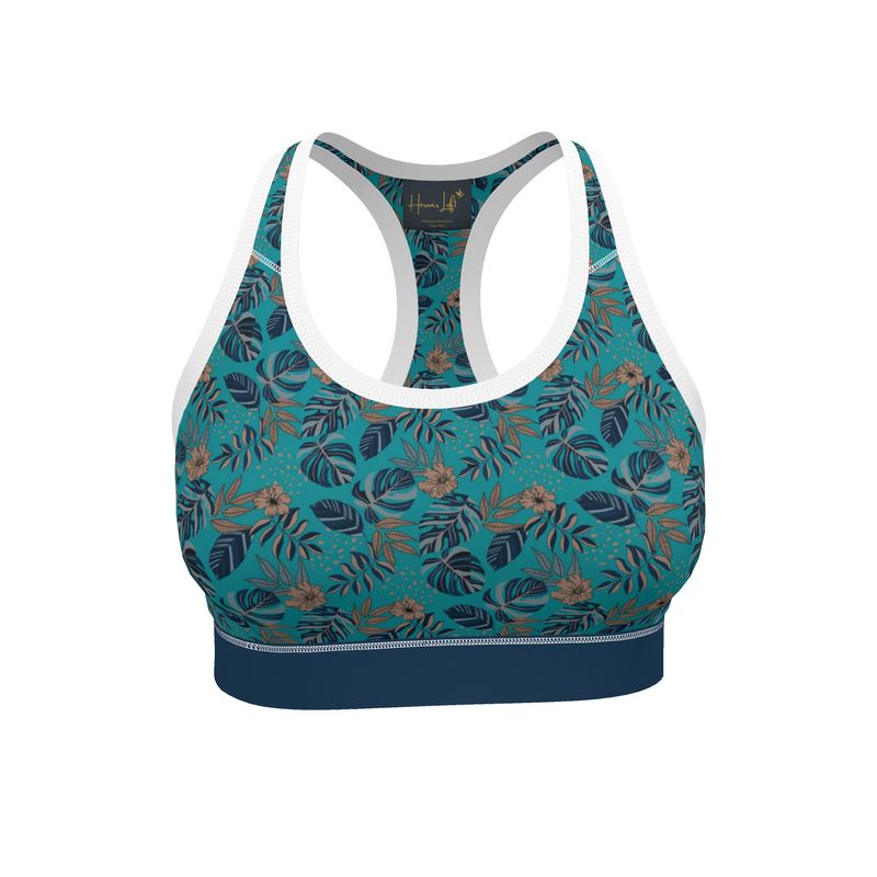 Midnight Monstera Cyan Noir Women's Low Impact Sports Bra (White)
