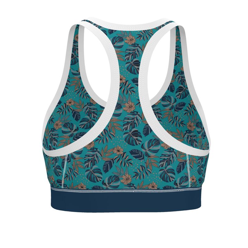 Midnight Monstera Cyan Noir Women's Low Impact Sports Bra (White)
