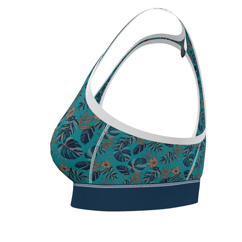 Midnight Monstera Cyan Noir Women's Low Impact Sports Bra (White)