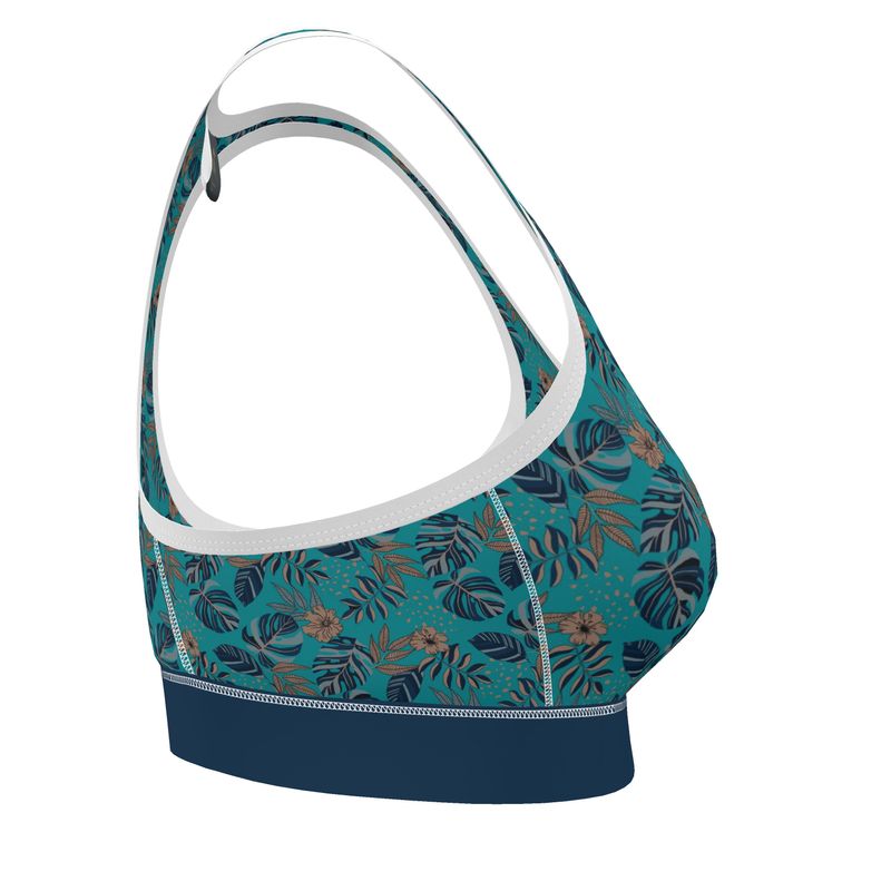 Midnight Monstera Cyan Noir Women's Low Impact Sports Bra (White)