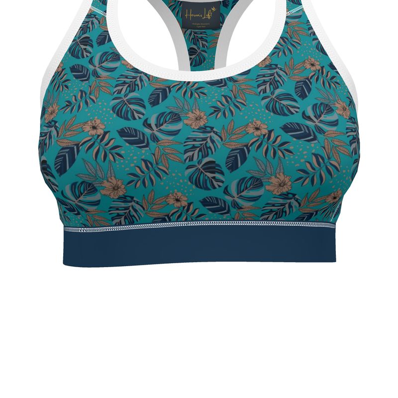 Midnight Monstera Cyan Noir Women's Low Impact Sports Bra (White)