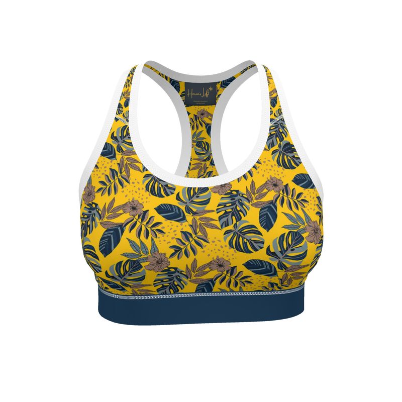 Midnight Monstera Honey Gold Women's Low Impact Sports Bra (White)