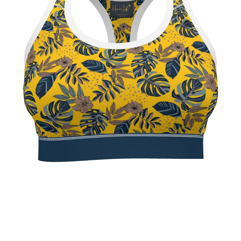 Midnight Monstera Honey Gold Women's Low Impact Sports Bra (White)