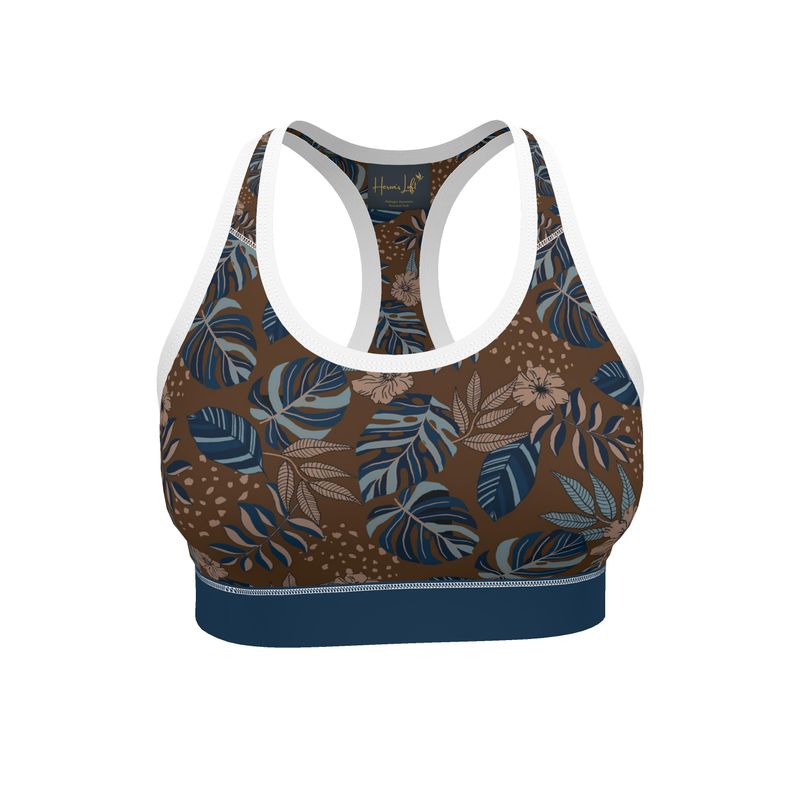 Midnight Monstera Roasted Teak Women's Low Impact Sports Bra (White)