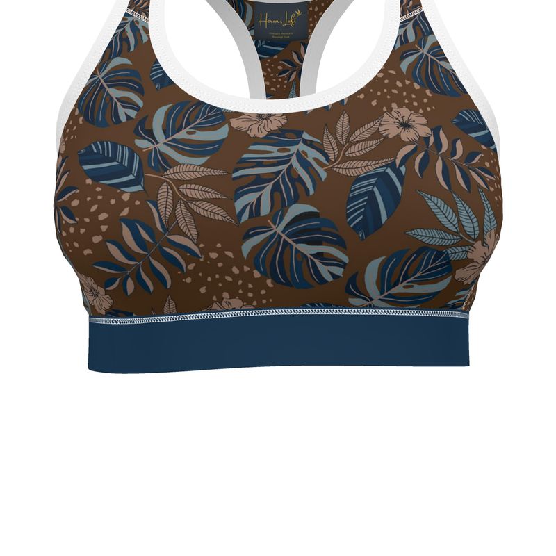 Midnight Monstera Roasted Teak Women's Low Impact Sports Bra (White)