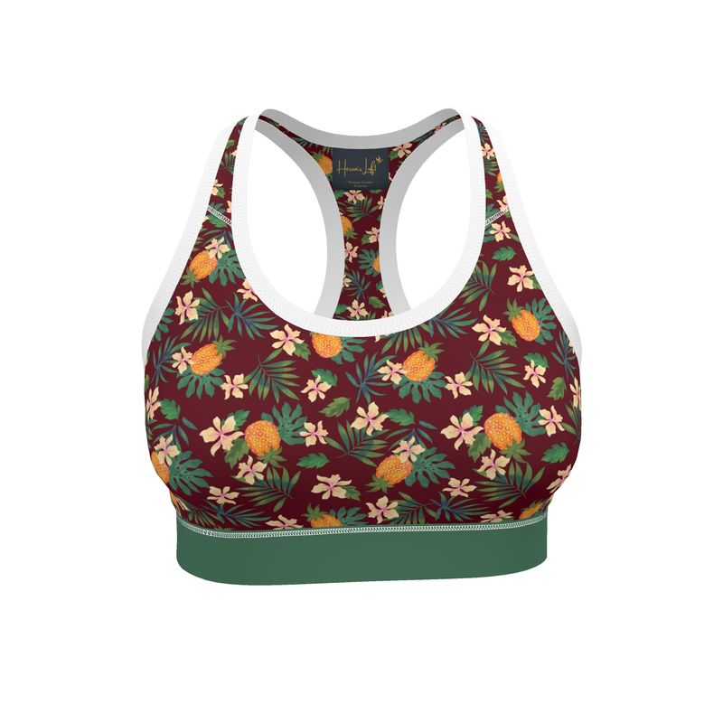 Pineapple Paradise Burgundy Women's Low Impact Sports Bra (White)