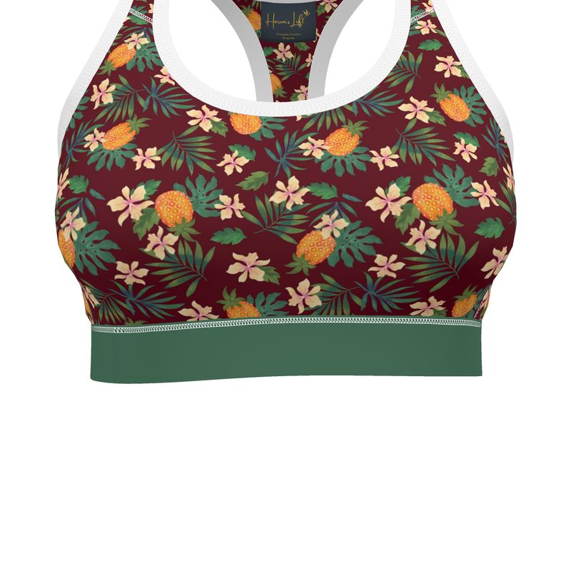 Pineapple Paradise Burgundy Women's Low Impact Sports Bra (White)