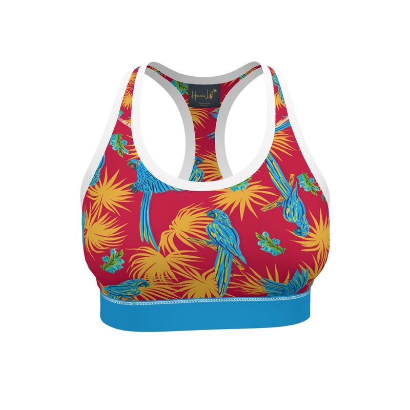 Tropical Macaw Samba Red Women's Low Impact Sports Bra — White Trim
