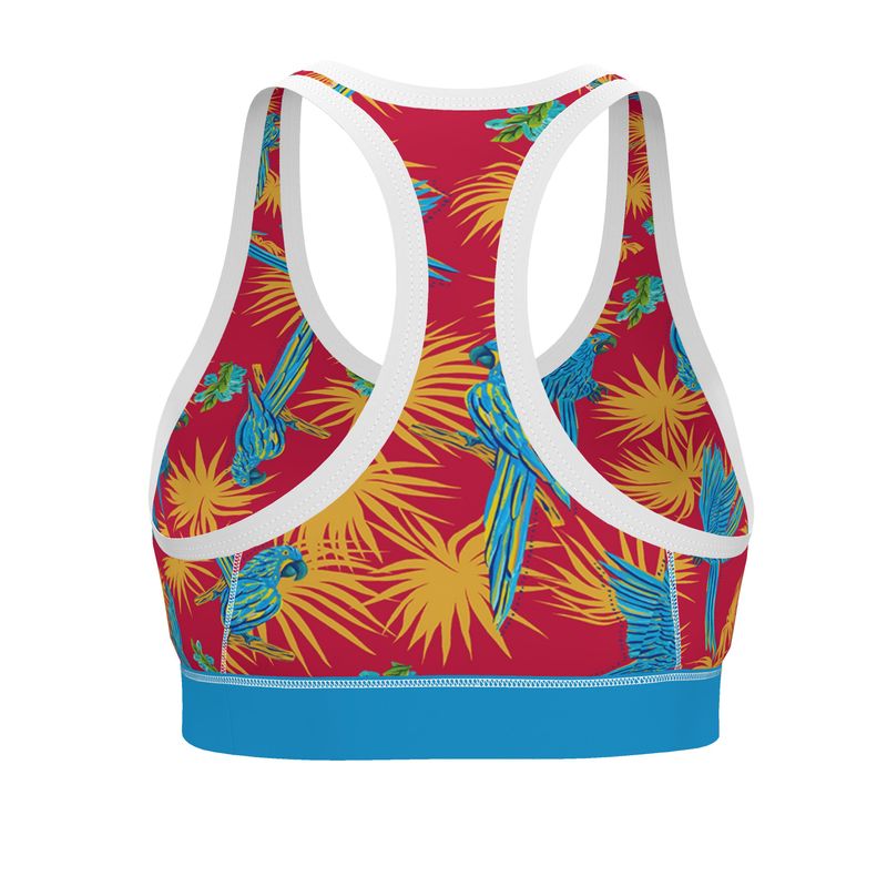 Tropical Macaw Samba Red Women's Low Impact Sports Bra — White Trim