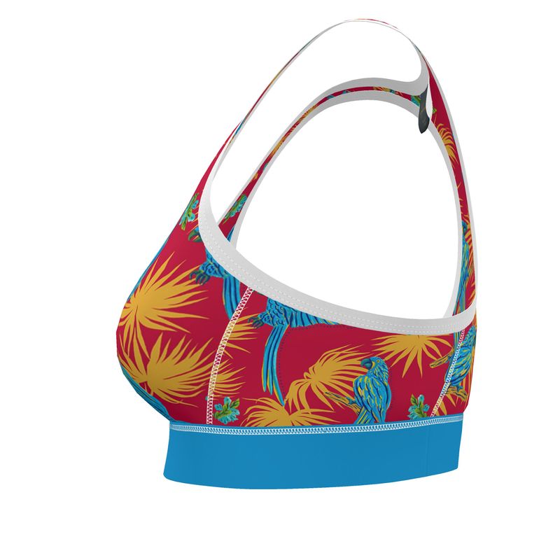 Tropical Macaw Samba Red Women's Low Impact Sports Bra — White Trim