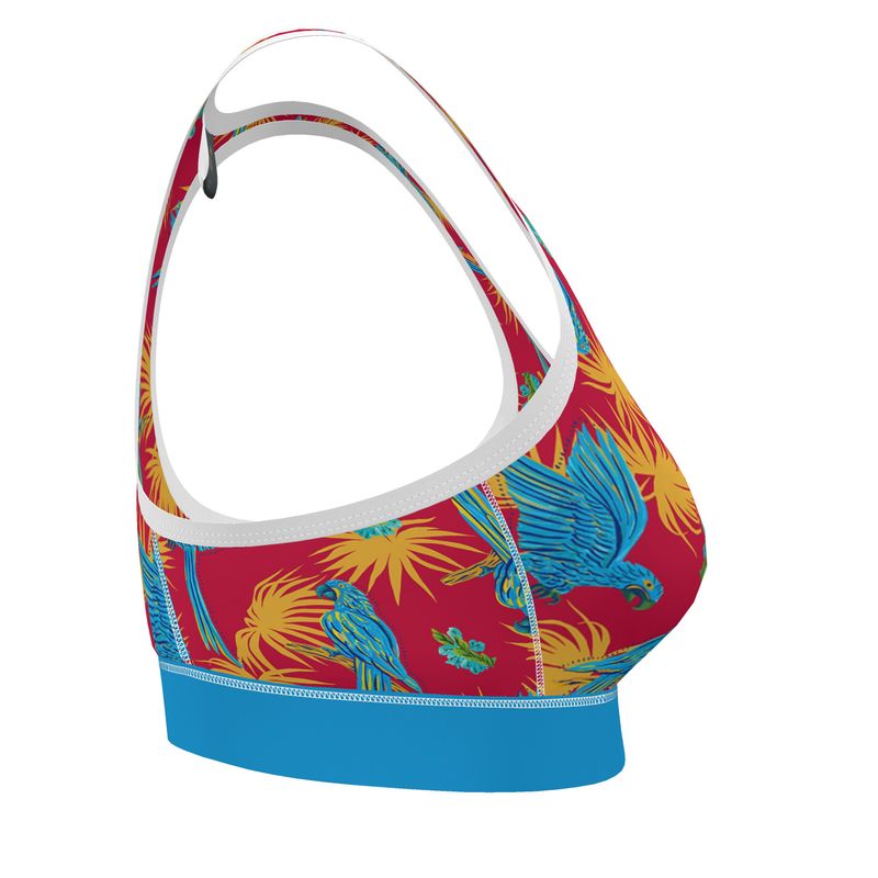Tropical Macaw Samba Red Women's Low Impact Sports Bra — White Trim